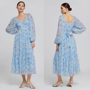& Other Stories Floral Long Puff Sleeve Midi Dress Blue 6 NWT Summer Los Angeles